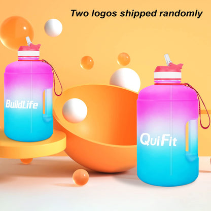 QuiFit Motivational Gallon Water Bottle - with Straw & Time Marker BPA Free Large Reusable Sport Water Jug with Handle for Fitness Outdoor Enthusiasts Leak-Proof (Pink/Blue,1 gallon)