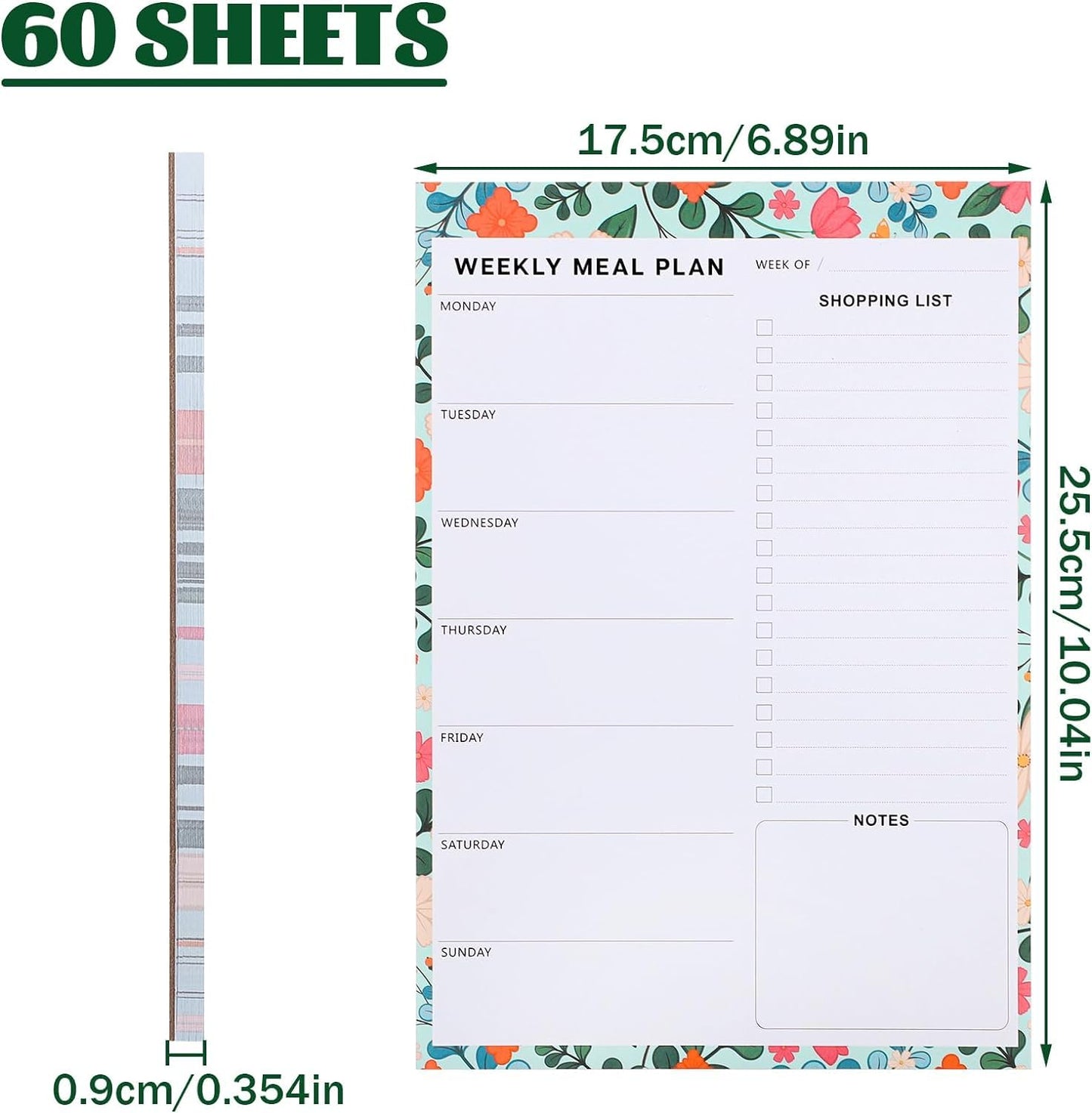 60 Sheet Meal Planner for Fridge, Magnetic Weekly Meal Planner & Grocery List with Tear-off Shopping List for Meal Prep, 7x10''-Flower Design