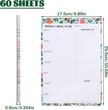 60 Sheet Meal Planner for Fridge, Magnetic Weekly Meal Planner & Grocery List with Tear-off Shopping List for Meal Prep, 7x10''-Flower Design