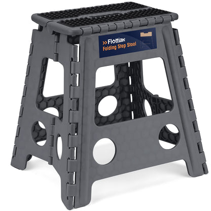 Flottian 16" Folding Step Stool for Adults and Kids Holds Up to 300 lbs,Non-Slip Folding Stools with Handle, Compact Plastic Foldable Step Stool for Bathroom,Bedroom, Kitchen, Gray,1PC
