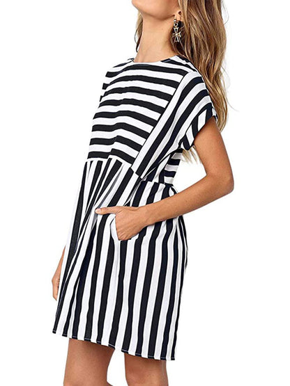 Naggoo Striped Dresses for Women,Summer Flowy Badydoll Cute Dress Short Sleeve Mini T-Shirt Dresses Black M