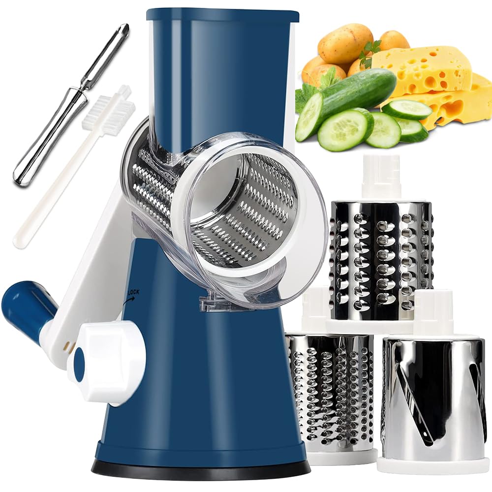 KEOUKE Rotary Cheese Grater with Handle - 3 Changeable Blades for Cheese, Vegetables, Nuts - Blue