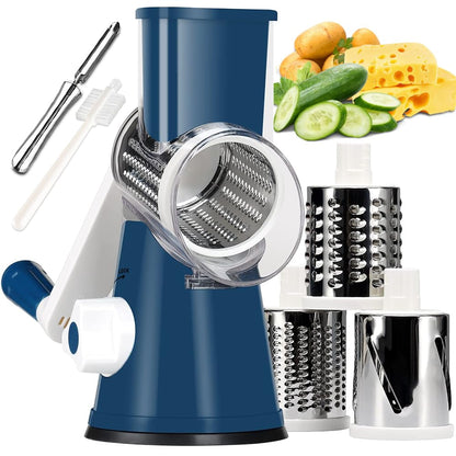 KEOUKE Rotary Cheese Grater with Handle - 3 Changeable Blades for Cheese, Vegetables, Nuts - Blue