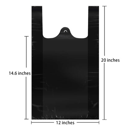 LazyMe T Shirt Bags, Black Plastic Bags with Handles for Grocery and Retail, Bolsas De Plastico Para Negocio, 12x20inch (100pcs)