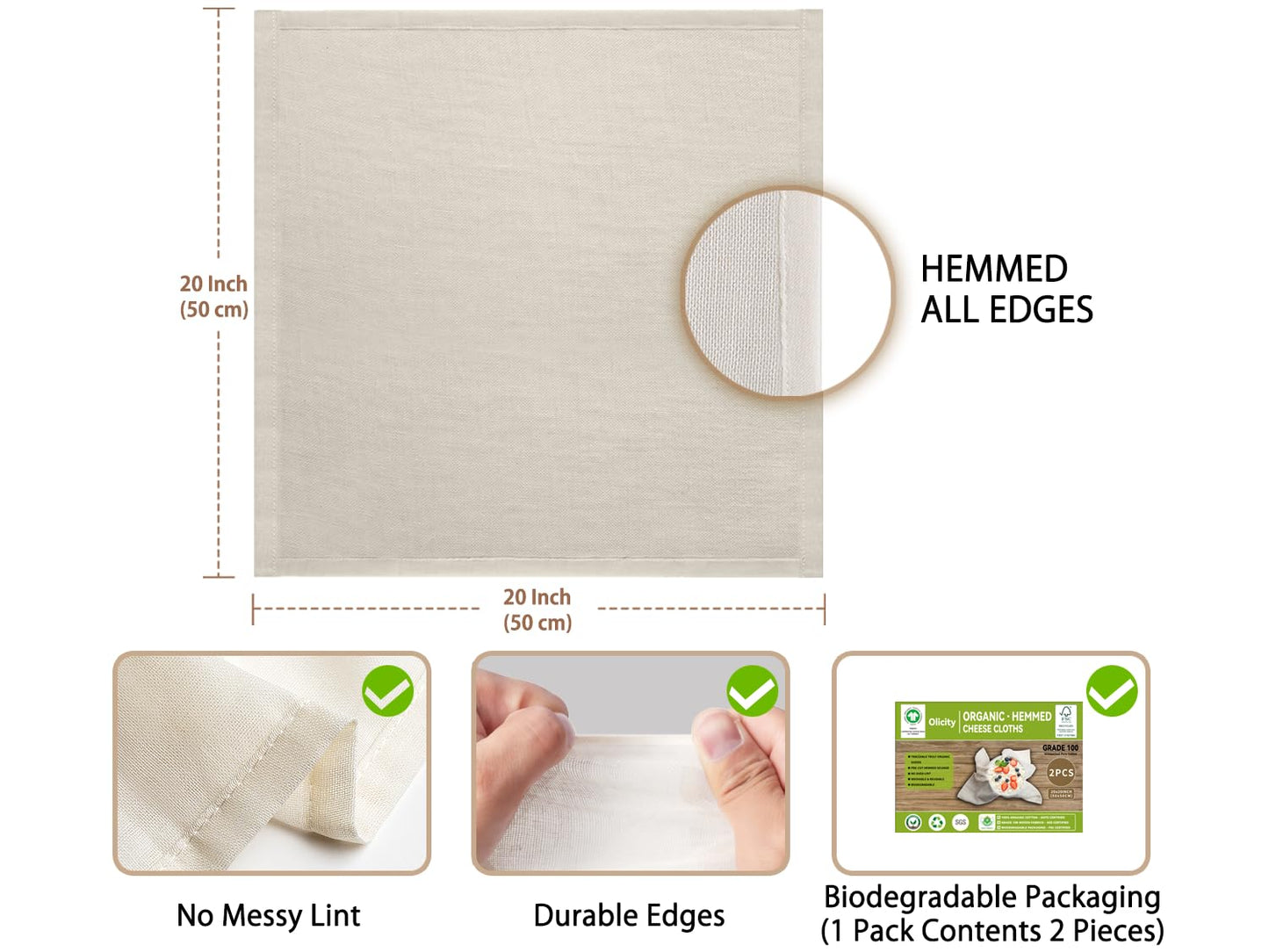 Organic Cheese Cloths, GOTS Certified, 2PCS, Grade 100, 20x20Inch Hemmed Cheese Cloth Reusable Muslin Cheesecloth for Straining, 100% Cotton Unbleached Fine Mesh Cloth Cheese Cloths for Cooking, Herbs