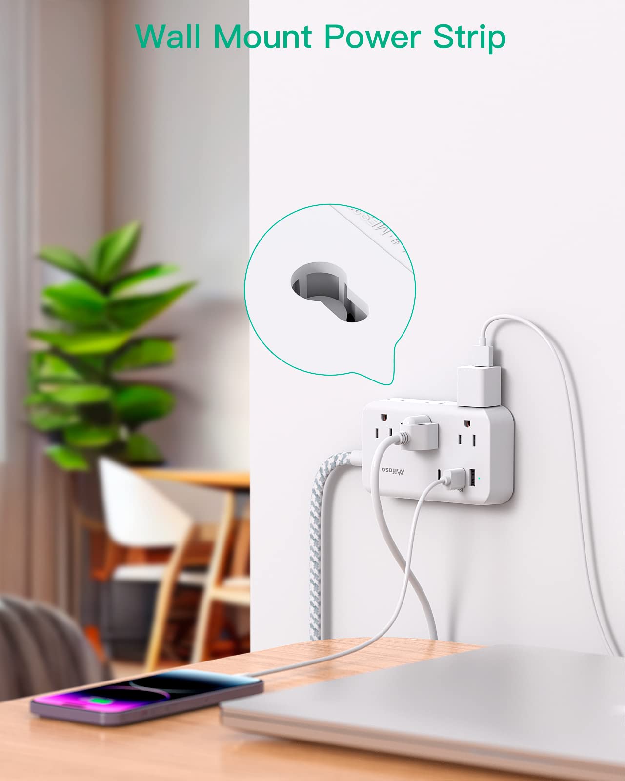 Power Strip Extension Cord - 6 Outlets and 4 USB (2 USB C), 5Ft Braided Cord with Ultra Thin Flat Plug, Wall Mount, Overload Protection, Compact for Travel, Cruise Ship, and Dorm Room Essentials