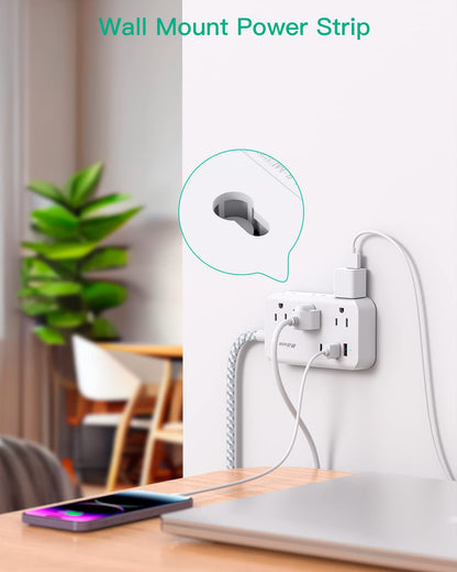 Power Strip Extension Cord - 6 Outlets and 4 USB (2 USB C), 5Ft Braided Cord with Ultra Thin Flat Plug, Wall Mount, Overload Protection, Compact for Travel, Cruise Ship, and Dorm Room Essentials