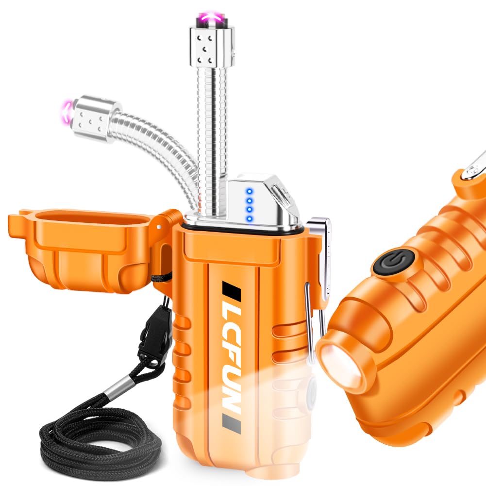 LcFun USB Rechargeable Electric Arc Lighter Windproof Plasma Lighters with LED Battery Display, Waterproof Electronic Flashlight Lighters with Lanyard for Camping, Survival Tactical Gear