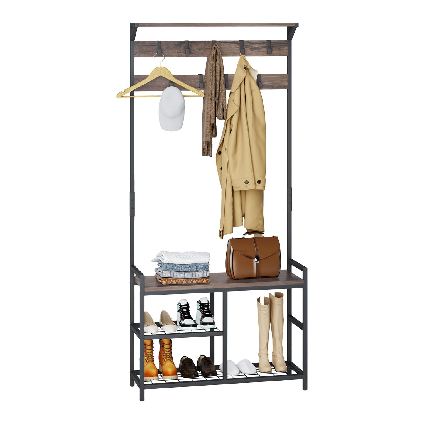 HOMEKOKO Coat Rack Shoe Bench, Hall Tree Entryway Bench with Storage, Wood Look Accent Furniture with Metal Frame, 3-in-1 Design (Dark Brown)