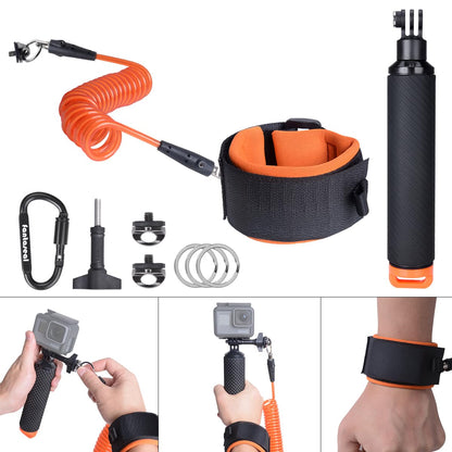 Action Camera Non-Slip Handler Floating Hand Grip Holder Mount + Steel-cored Safety Wrist Strap for GoPro Sony Insta360 Olympus Akaso Underwater Camcorder Diving Surfing Snorkeling Rafting Kayak Scuba
