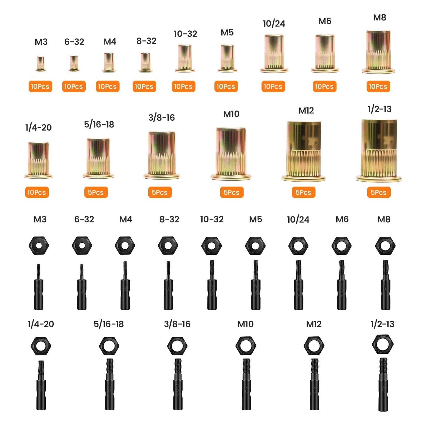 HARDELL Rivet Nut Tool Kit, 16-Inch Release Rivnut Tool with 15 Metric & SAE Mandrels, 125Pcs Nutsert Assortment & Rugged Carrying Case
