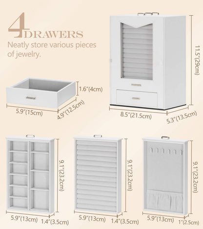 Homde Jewelry Organizer with Transparent Window Necklace Hooks Gift for Women Jewelry Box Display Case for Necklaces Rings Earrings Bracelets and Other Jewelry Accessories (White)