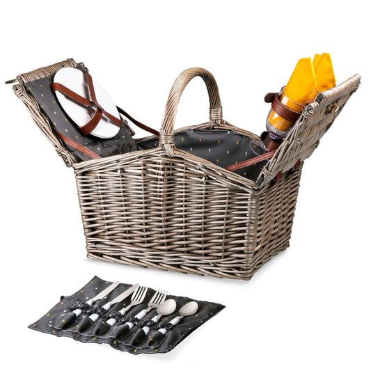 PICNIC TIME Piccadilly Picnic Basket, Romantic Picnic Basket for 2 with Picnic Set - Includes Utensil Set, Glasses, Plates, and Wine Opener, (Anthology Collection - Gray with Gold Accents)