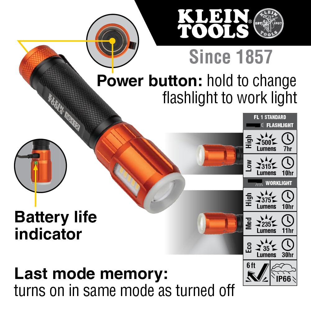 Klein Tools 56412 Rechargeable LED Flashlight with Flood Light, 500 lumens, USB-C Rechargeable, Pocket Clip, Magnet, for Professional Work