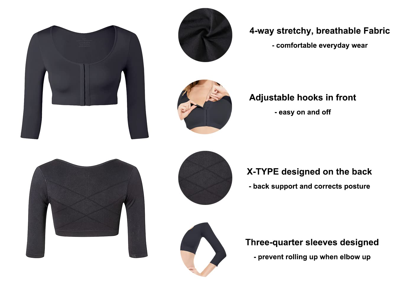 KSKshape Arm Shaper for Women Post Surgery Arm Lipo Compression Sleeves Front Closure Shapewear Bra Posture Corrector Tank Top,Black,M