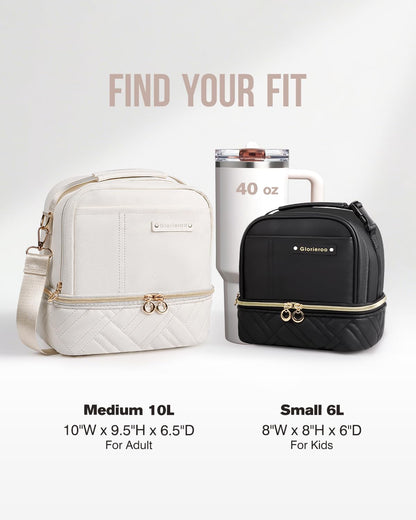 GLORIEROO Lunch Box Bag Women Girls - Double Deck Vegan Leather Insulated Waterproof Leakproof Cooler for Work Travel Picnics - Back to School Teacher Mothers Day Christmas Birthday Gifts