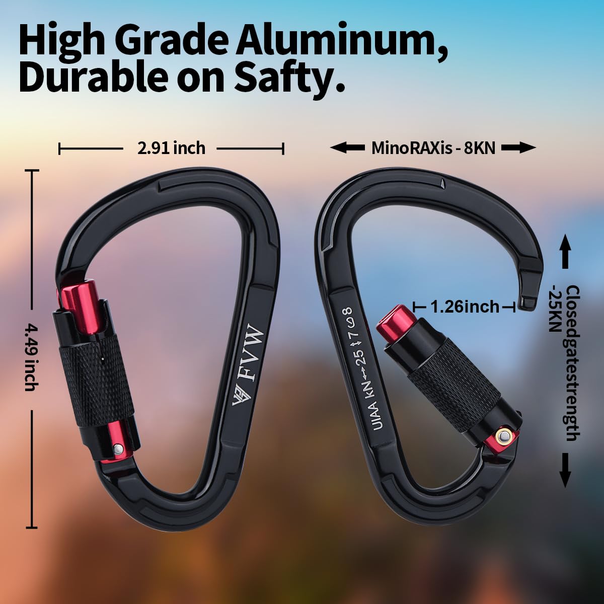 FVW Auto Locking Rock Climbing Carabiner Clips, UIAA Certified Professional 25KN (5620 lbs) Heavy Duty Caribeaners for Rappelling Swing Rescue & Gym etc, Large D-Shaped Carabiners, (Black) 5 Pack