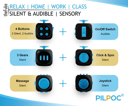 PILPOC theFube Fidget Cube, 6-Sided Stress Relief Infinity Cube for Adults & Kids, Boosts Concentration, Mindfulness Aid, Silent & Audible Modes, Includes Carry Case for Portability (Midnight)