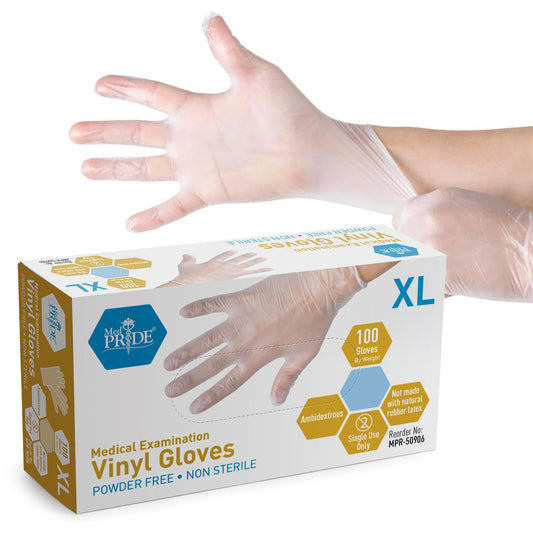 MED PRIDE Medical Vinyl Examination Gloves (X-Large, 100-Count) Latex & Rubber Free, Ultra-Strong, Clear Disposable Powder-Free Gloves for Healthcare & Food Handling Use