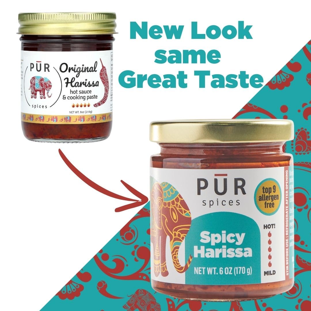 PUR Spices Original Spicy Harissa Paste I Hot Sauce for Cooking and Dipping I Spicy Chili Pepper and Garlic Paste | Middle Eastern Inspired | Plant Based, Gluten Free, No Sugar Added, Preservative and Additive Free I 6oz Jar