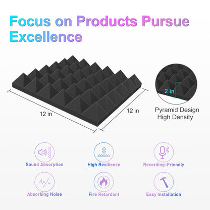 JBER Acoustic Sound Foam Panels, 24 Pack 2" X 12" X 12" Red and Black Soundproofing Treatment Studio Wall Padding Sound Absorbing Fireproof Pyramid