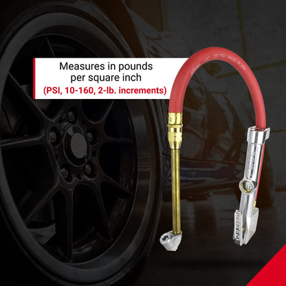 New & Improved - Tire Inflator Gauge with Dual Head Air Chuck 15” Air Hose 10-160 PSI (Box of 5)