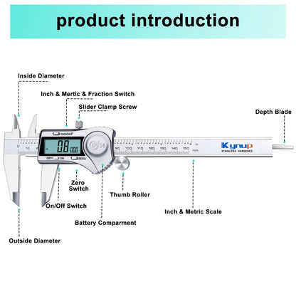Kynup Digital Caliper, Caliper Measuring Tool Outside Micrometer, Vernier Dial Caliper Stainless Steel, IP54 Splash Proof Protection, Inch Metric Fraction Conversion, Large LCD Screen (6Inch/150mm)