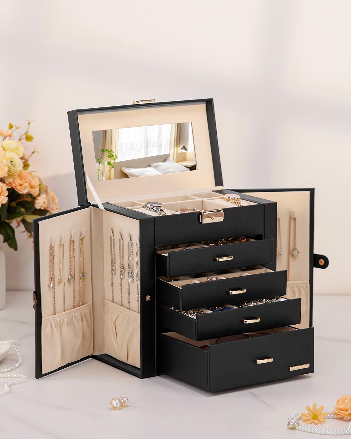 Homde Synthetic Leather Huge Jewelry Box Mirrored Watch Organizer Necklace Ring Earring Storage Lockable Gift Case (Black + Gold)