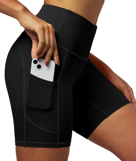 IUGA Biker Shorts Women 6" Tummy Control Workout Shorts Women with Pockets High Waisted Yoga Running Gym Spandex Compression Black