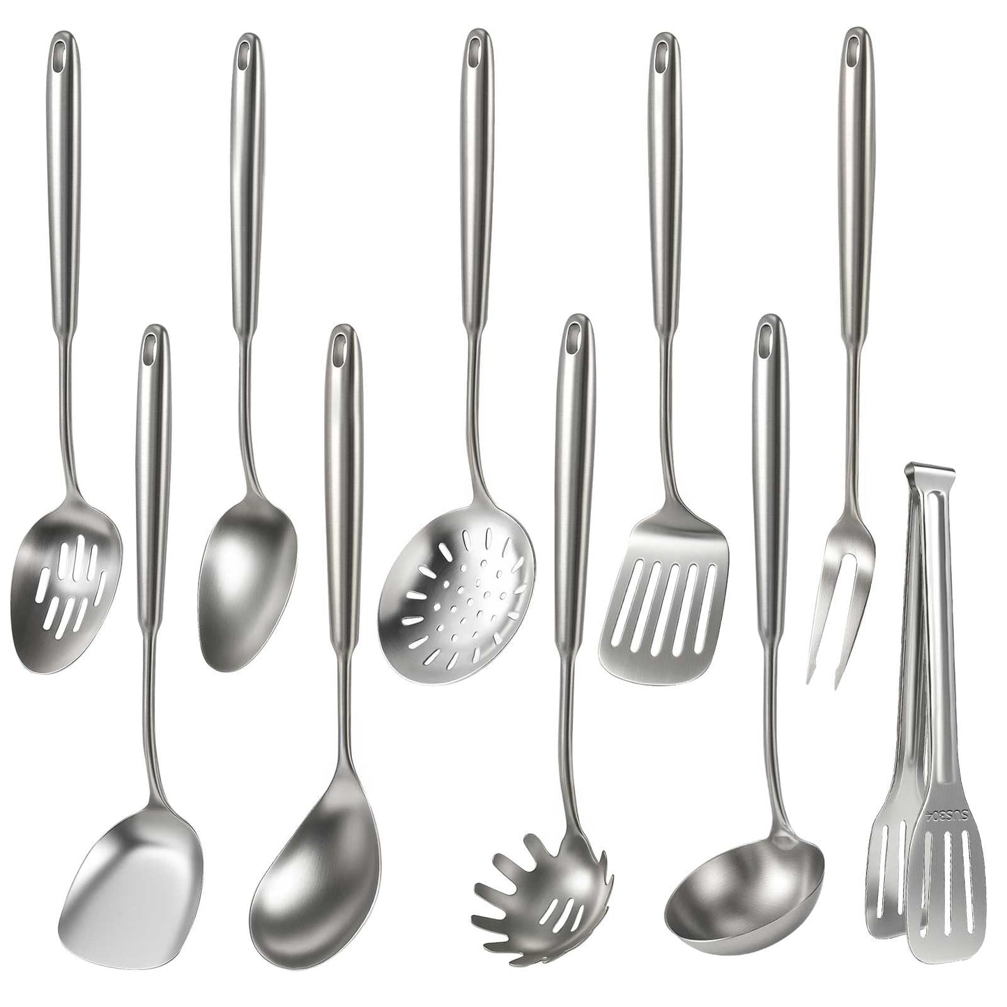 Newness 10 Pcs Cooking Utensils Set, 304 Stainless Steel Kitchen Utensils Set, Metal Kitchen Accessories, Include Soup Ladle, Slotted Skimmer Spoon, Spaghetti Spoon and Spatula, Tongs,Dishwasher Safe