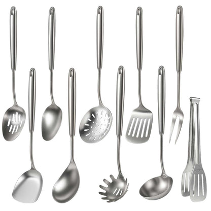 Newness 10 Pcs Cooking Utensils Set, 304 Stainless Steel Kitchen Utensils Set, Metal Kitchen Accessories, Include Soup Ladle, Slotted Skimmer Spoon, Spaghetti Spoon and Spatula, Tongs,Dishwasher Safe