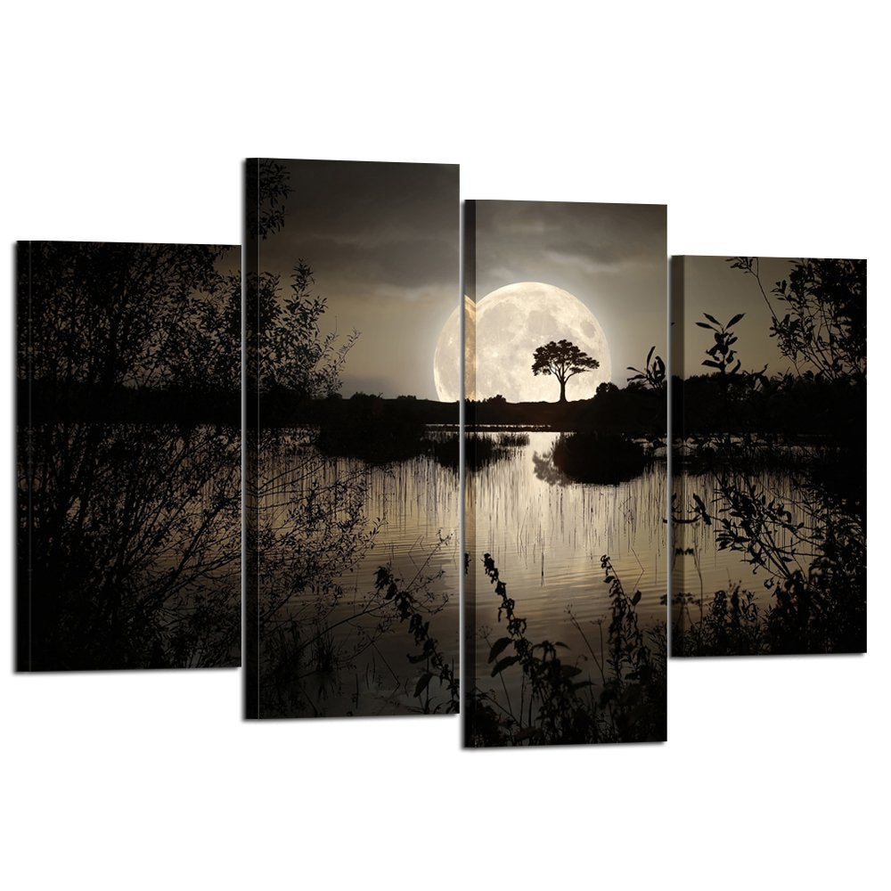 KREATIVE ARTS - 4 Pieces Canvas Prints Wall Art Big Moon over Lake in Dark Forest Modern Canvas Painting Landscape Picture Peaceful Jungle Poster Giclee Artwork For Home Decor