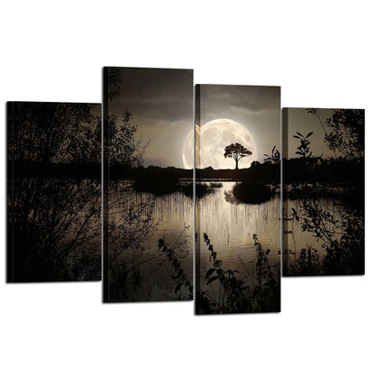 KREATIVE ARTS - 4 Pieces Canvas Prints Wall Art Big Moon over Lake in Dark Forest Modern Canvas Painting Landscape Picture Peaceful Jungle Poster Giclee Artwork For Home Decor