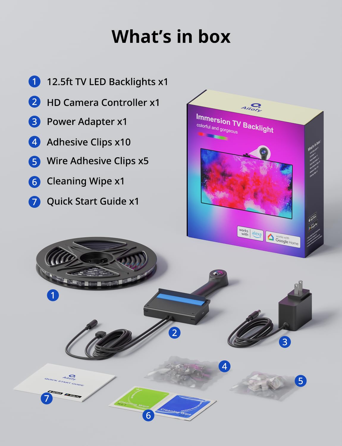 Ailofy Smart TV LED Backlight with Camera for 55-65 inch Screens, 12.5ft LED Strip Lights Sync to Screen& Music, Color Changing Lights for TV Work with Alexa & Google Assistant, App Control