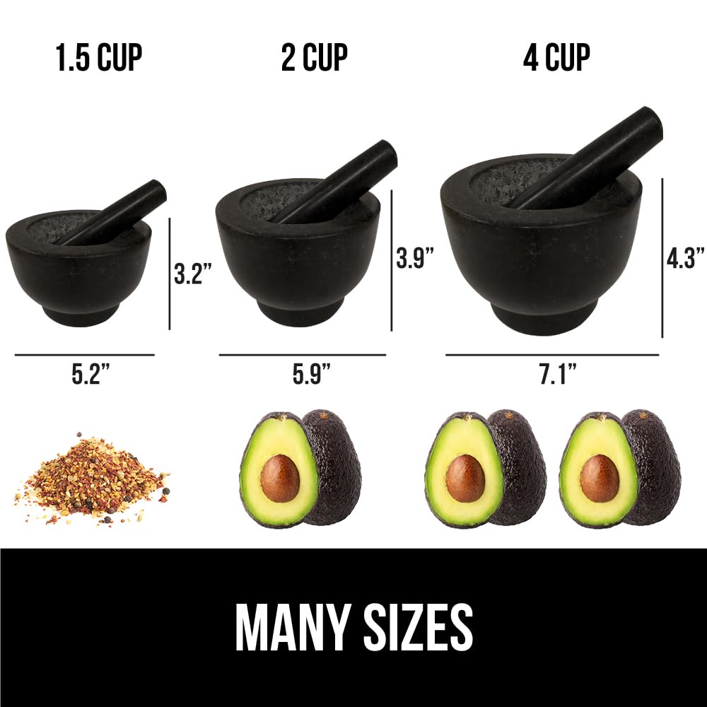 GORILLA GRIP Heavy Duty Mortar and Pestle Set with Slip Resistant Base, 100% Granite Stone Molcajete Guacamole Bowl, Grind Seeds Spices, Crush Garlic, Kitchen Muddler for Fresh Herbs, 1.5 Cup, Black