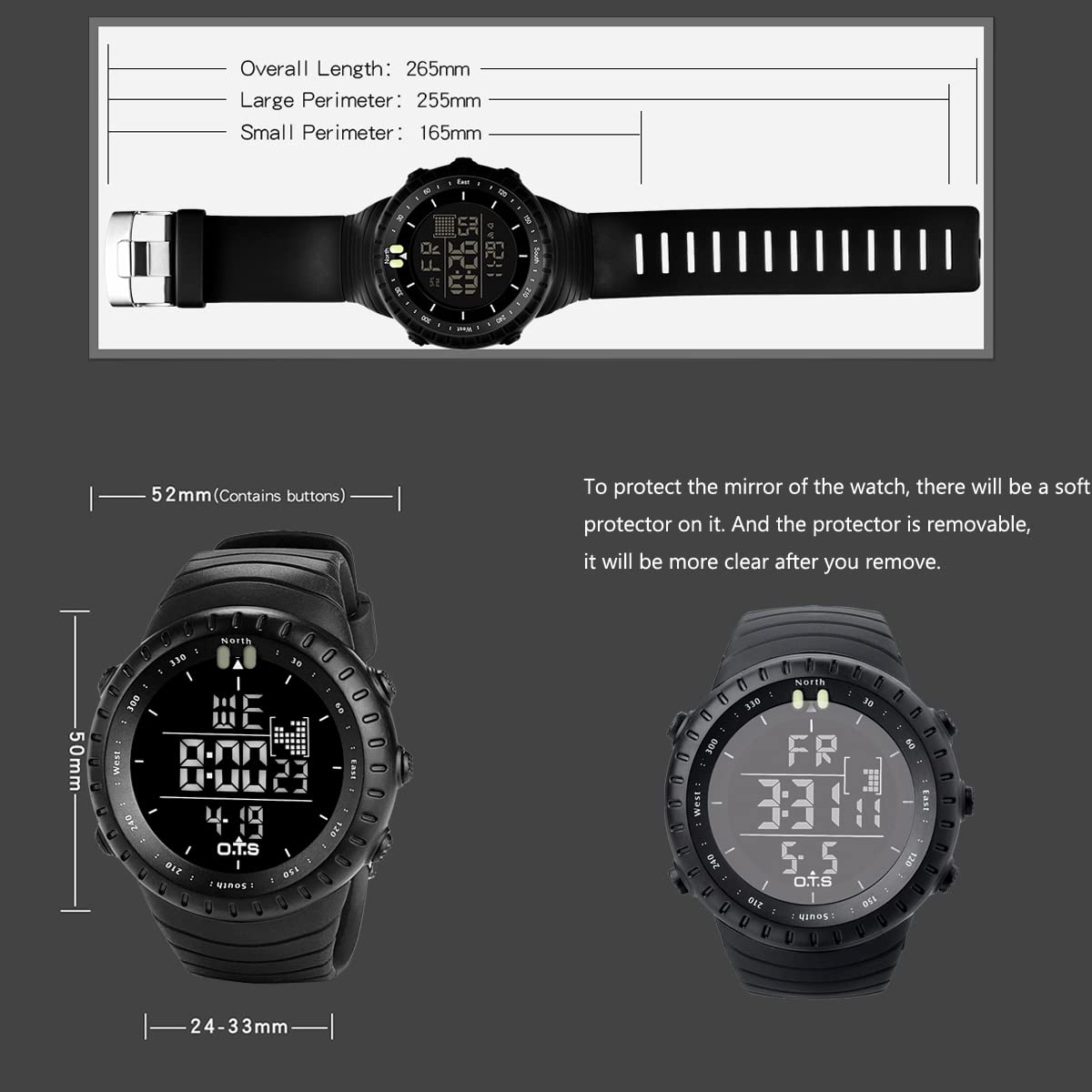 PALADA Men's Digital Sports Watch Waterproof Tactical Watch with LED Backlight Watches for Men (Black)
