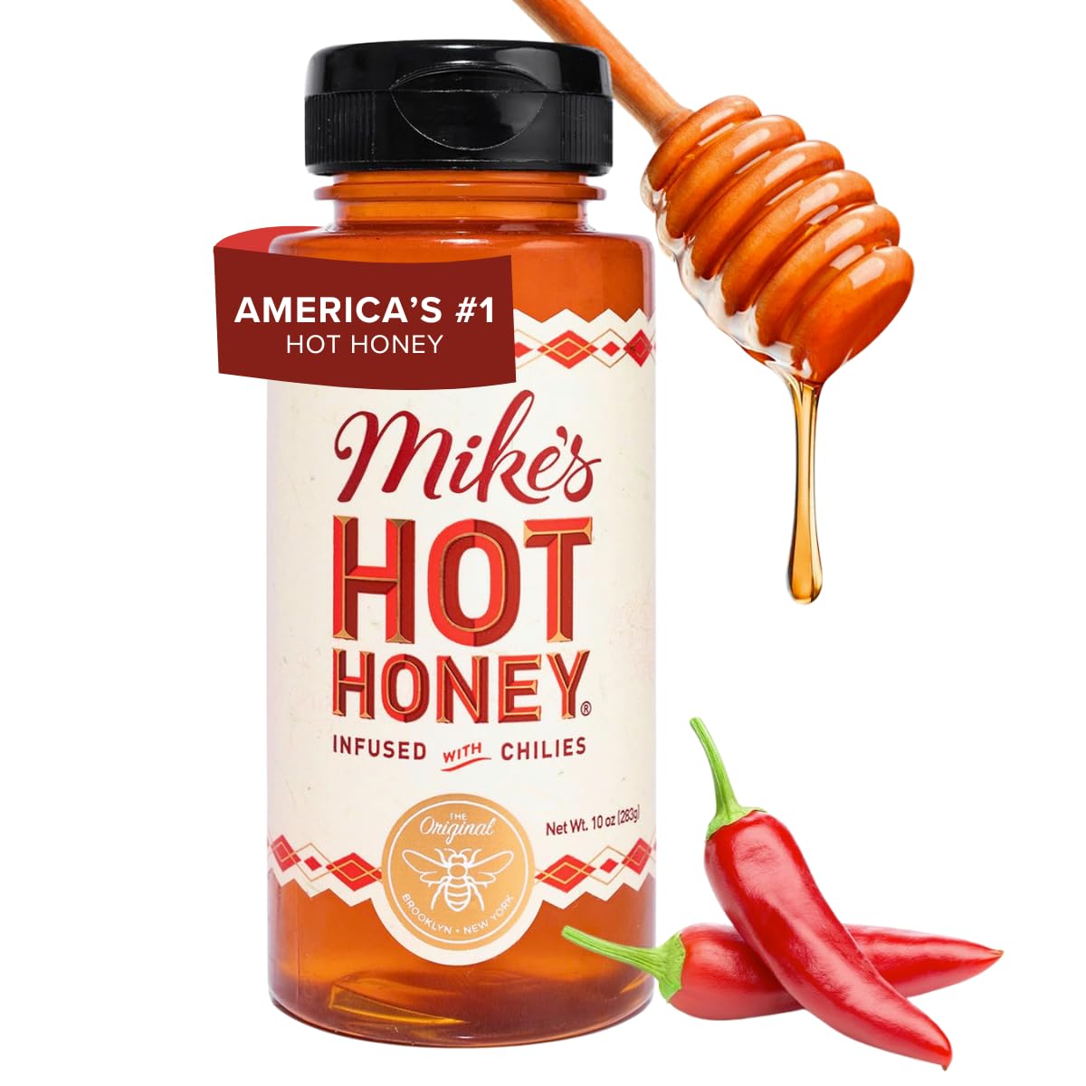 Mike's Hot Honey, America's #1 Brand of Hot Honey, Spicy Honey Infused with Chili Peppers, Certified Kosher, Gluten-Free, Paleo-Friendly, Sweet Heat, Perfect for Hot Sauce Lovers (10oz Bottle, 1 Pack)