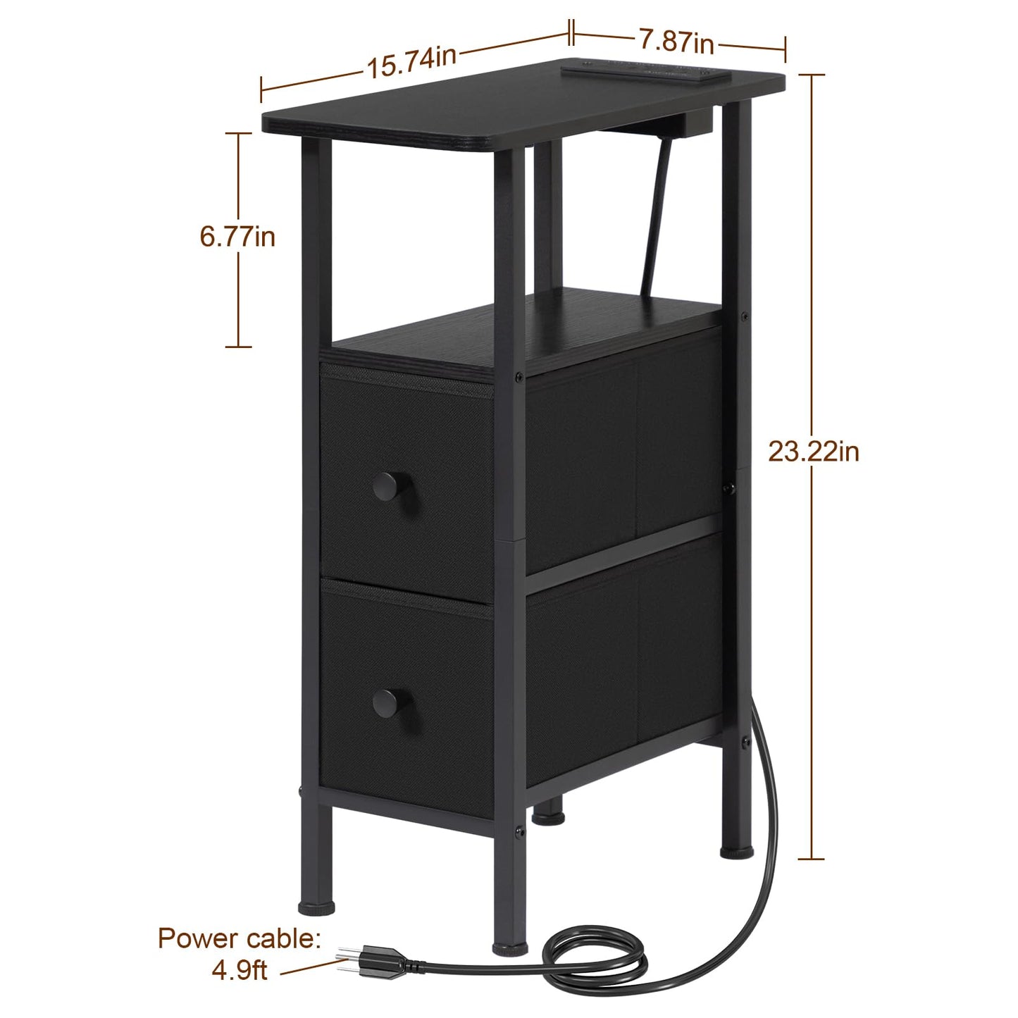 LOAKEKEL Narrow End Table Living Room with Charging Station, Skinny Side Table with Fabric Drawers, Slim Nightstand for Bedroom, Small Spaces, Couch, Black, HETNDP02BK-1