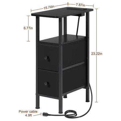 LOAKEKEL Narrow End Table Living Room with Charging Station, Skinny Side Table with Fabric Drawers, Slim Nightstand for Bedroom, Small Spaces, Couch, Black, HETNDP02BK-1