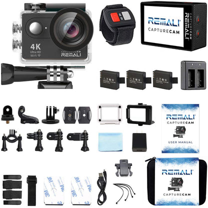 REMALI CaptureCam 4K60FPS Waterproof Action Camera 21-Piece Complete Kit and 3 Batteries — Amazing Family Sports Camera That Captures Best Moments — Great for Baseball, Fishing & Travel Adventures