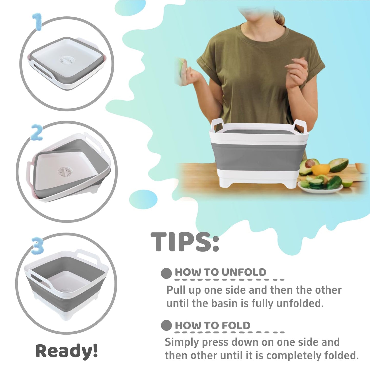 GIMWA Collapsible Wash Basin for Baby Bottles - 2.4 Gallons Portable Wash Bin for RV Camping Sink, Space-Saving Dish Tub (Gray)