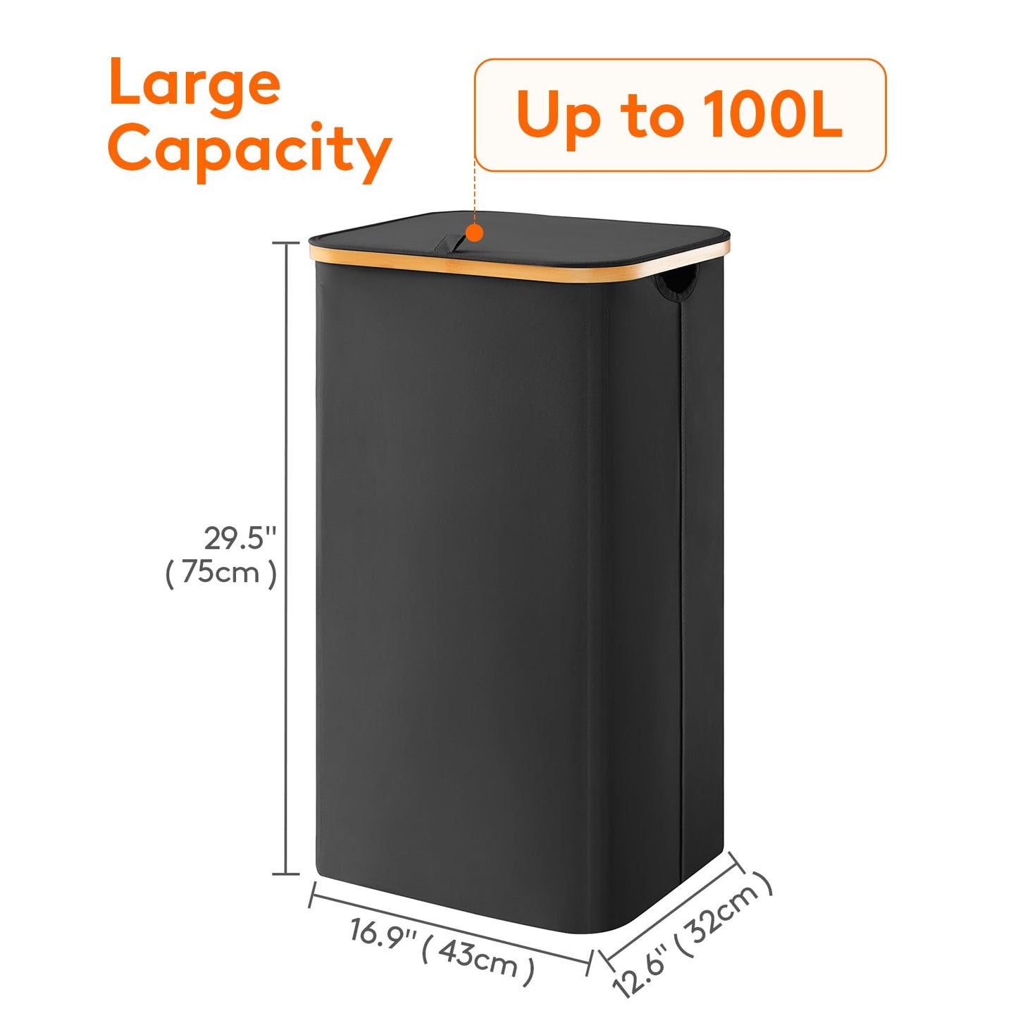 Lifewit 100L Laundry Basket with Lid, Clothes Hampers for Laundry with Bamboo Handles and A Removable Bag, Large Foldable Laundry Hamper for Bedroom, Bathroom, Dorm, Laundry Room, Black