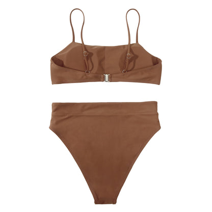 MOSHENGQI Women High Waisted High Cut Bikini Push Up Bandeau Swimsuits (M, Brown)