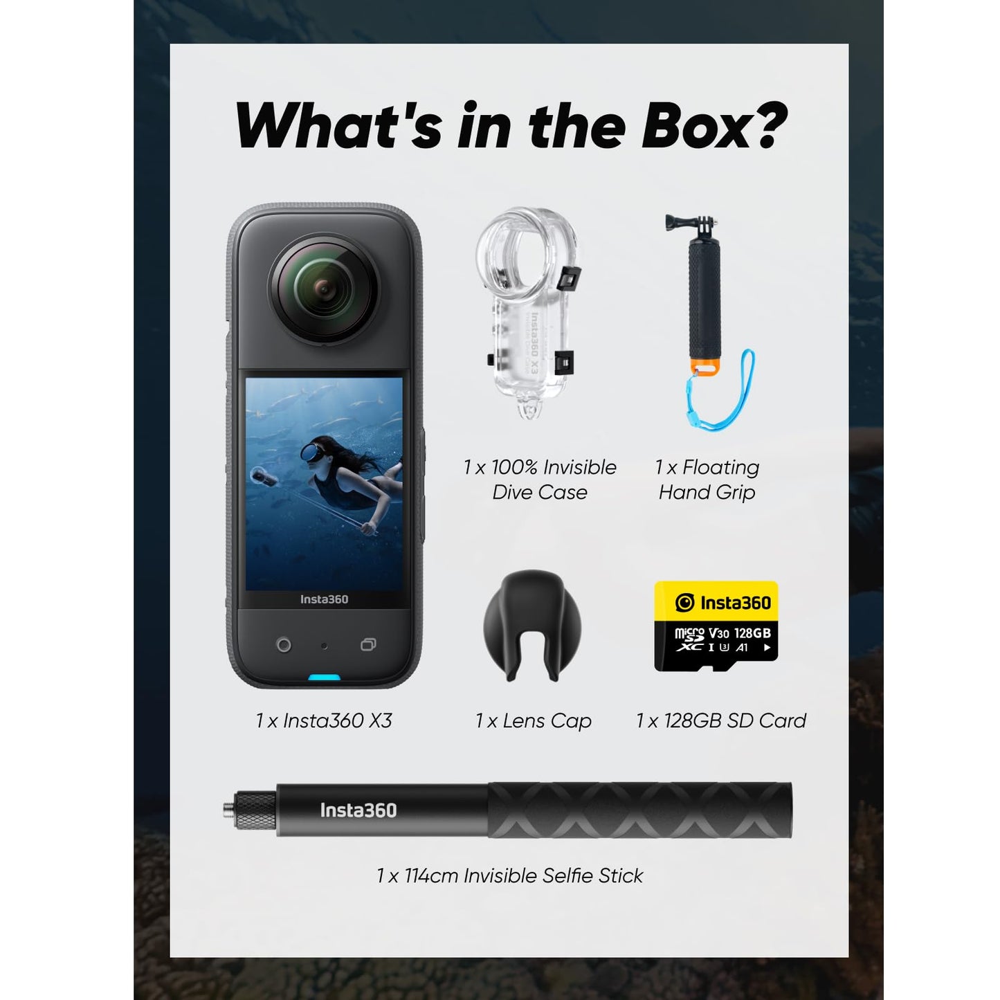 Insta360 X3 Invisible Dive Kit - Waterproof 5.7K 360 Action Camera, Dive Case, Selfie Stick, Dual 1/2" 48MP Sensors, Stabilization, 360 Horizon Lock, 4K Single-Lens, AI Editing