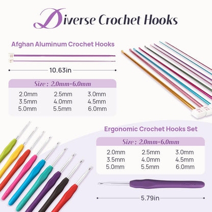 Lewhoo Crochet Kits for Beginner Adults, All Inclusive Crochet Set with 9 Size Crochet Hooks, Afghan Crochet Needles 2.0-6.0mm, 1136 Yards Yarn Skeins Balls,Knitting Kits Storage Organizer