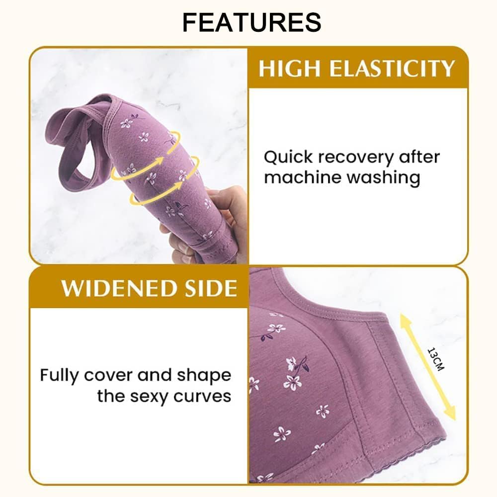 ObjFoch Daisy Bra, Front Snap Closure, Posture Correction, Wirefree, Cotton, S - 6XL, Stripe-Pink