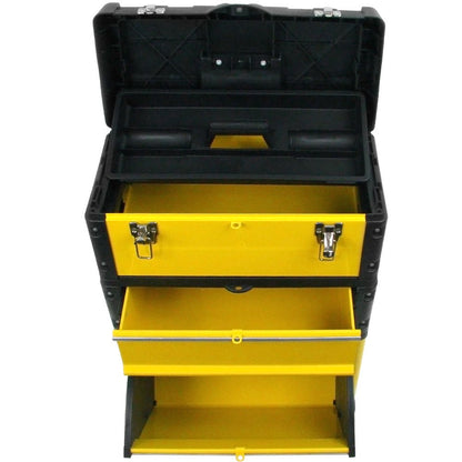 Portable Tool Box on Wheels - Stackable 3-in-1 Chest for Workshops and Craft Rooms - Foldable Comfort Handle and Latches by Stalwart (Black/Yellow)