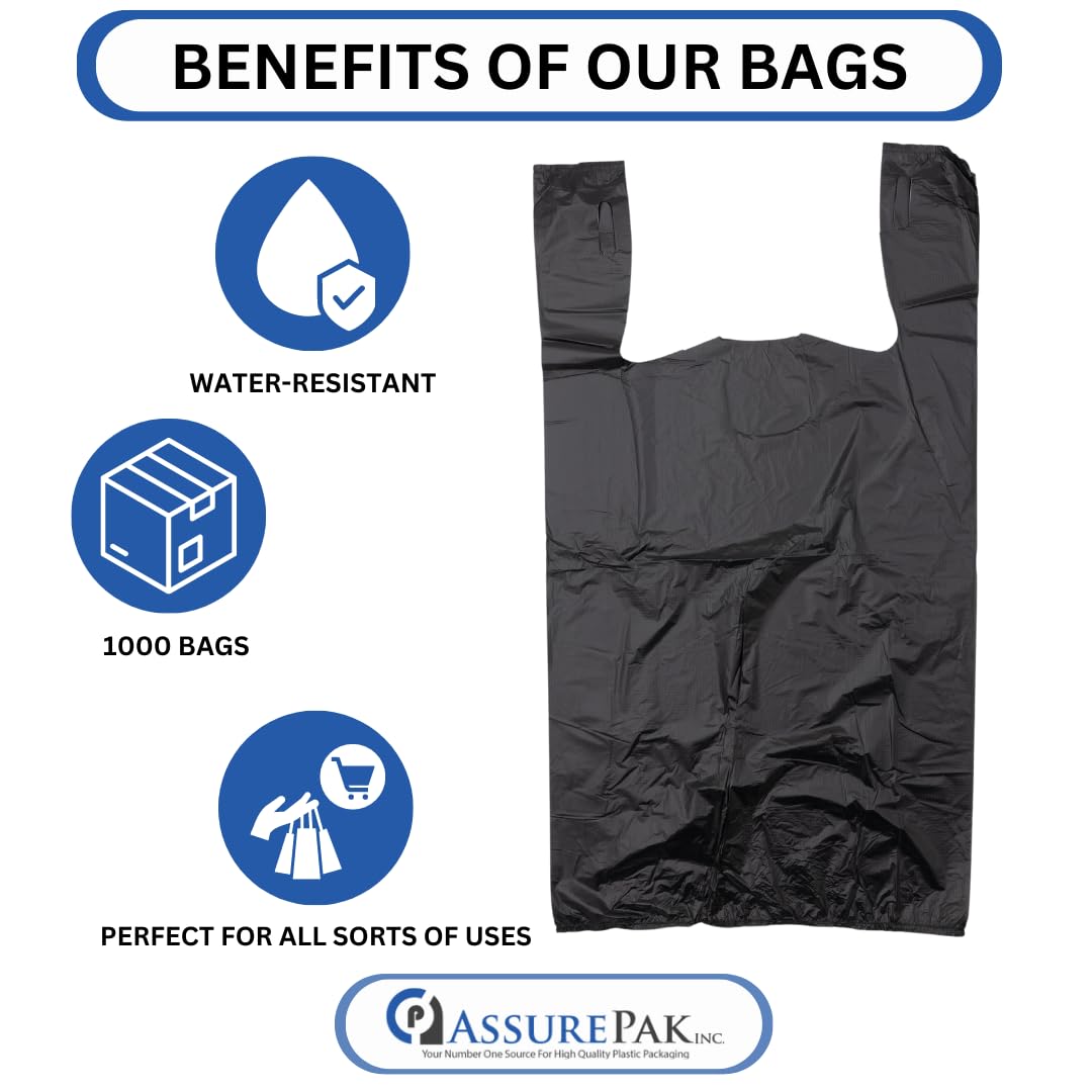 Plastic Bag-Black Plain Embossed T-Shirt Bag 11.5"x6.5"x21.5" 13 mic - 1000 bags/case