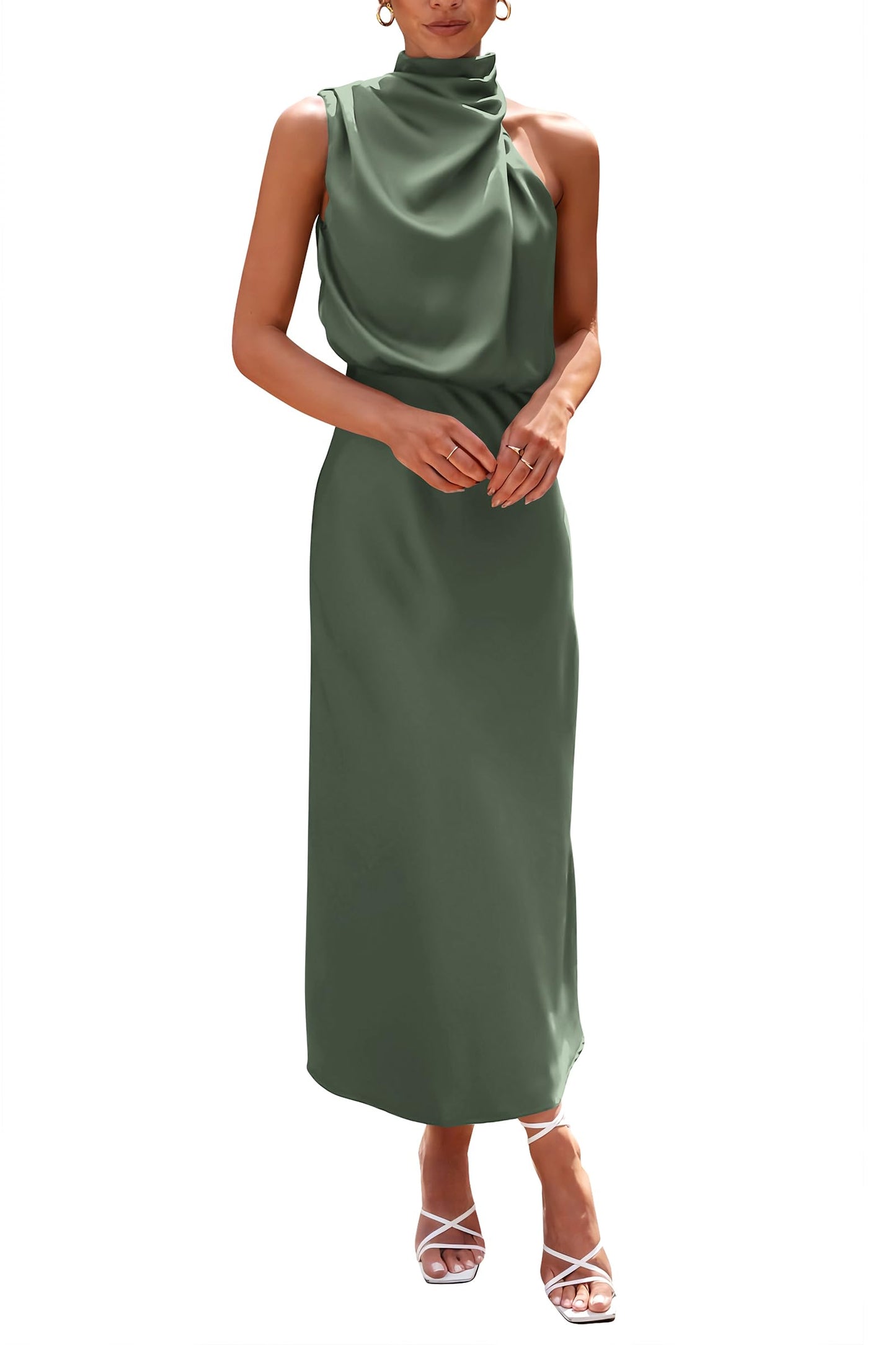 PRETTYGARDEN Women's 2025 Summer Satin Dress Elegant Sleeveless Mock Neck Cocktail Party Maxi Dresses (Army Green,Small)