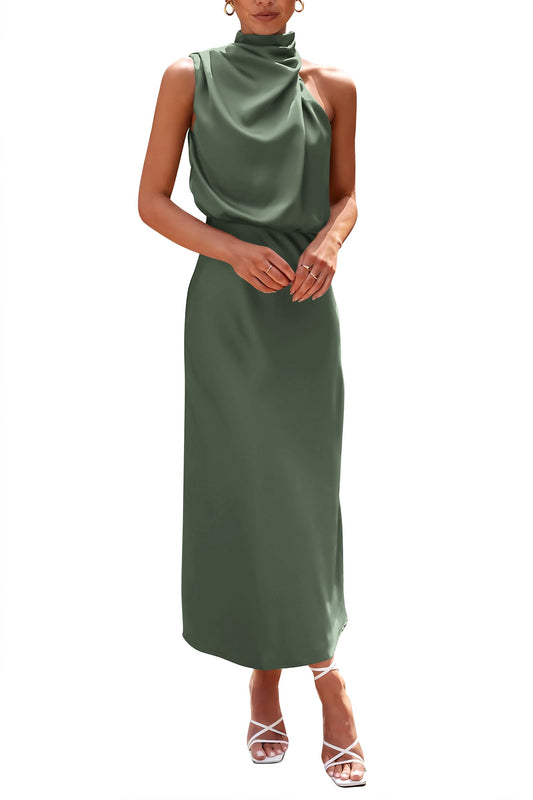 PRETTYGARDEN Women's 2025 Summer Satin Dress Elegant Sleeveless Mock Neck Cocktail Party Maxi Dresses (Army Green,Small)